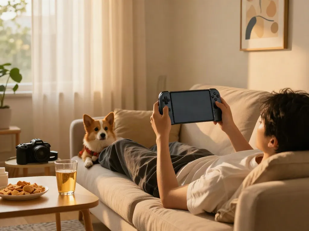 Enjoying ROKOK88 while relaxing on the couch with snacks and a pet.