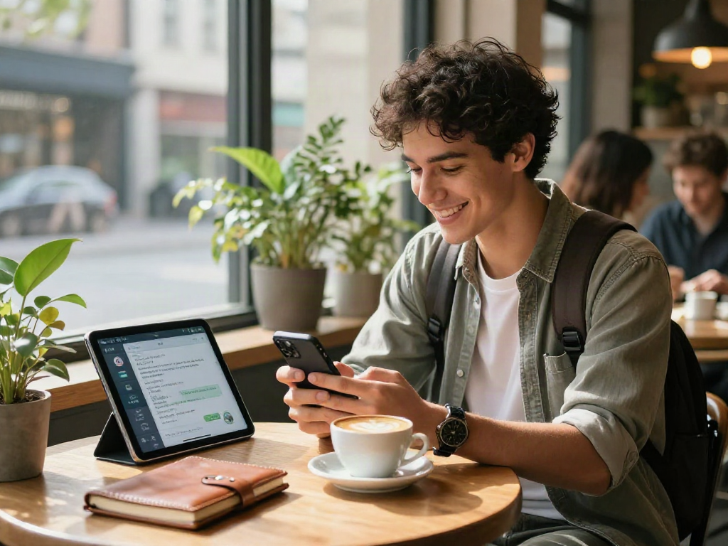Young man enjoying an ai gf interaction over coffee, showcasing modern technology in a cozy café.