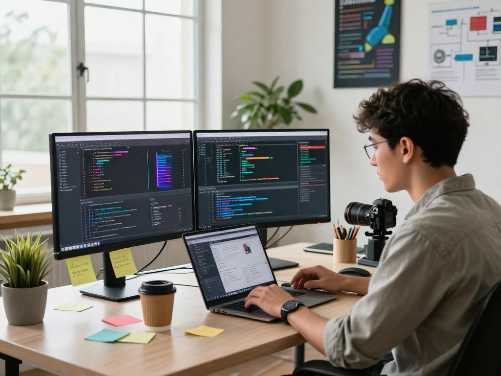 Dynamic workspace for Juicy ai project development with coding screens, coffee, and plants