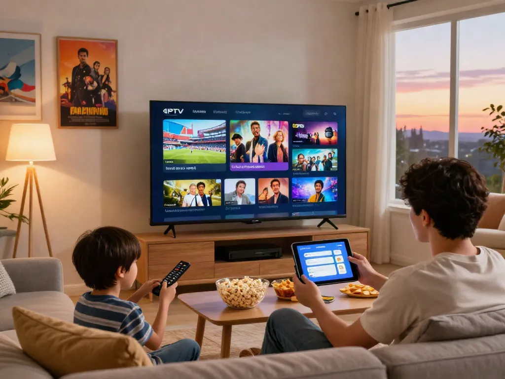 Family enjoying abbonamento iptv in a cozy living room with smart TV.