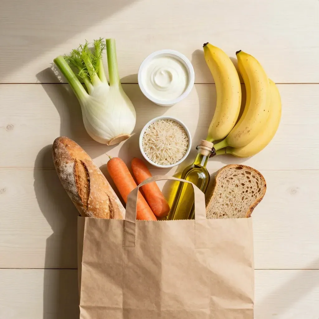 Spesa per un pranzo sano con finocchi, yogurt, banane, riso, carote, pane e olio su tavolo in legno.
