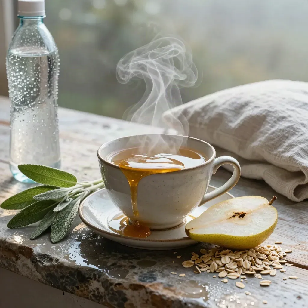 Tisana alle erbe fumante con avena, pera, miele, salvia e lino dopo un temporale.
