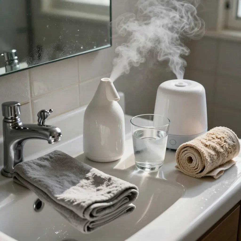 Lavaggio nasale in ceramica, fazzoletti piegati, asciugamano e umidificatore in un bagno mattutino.