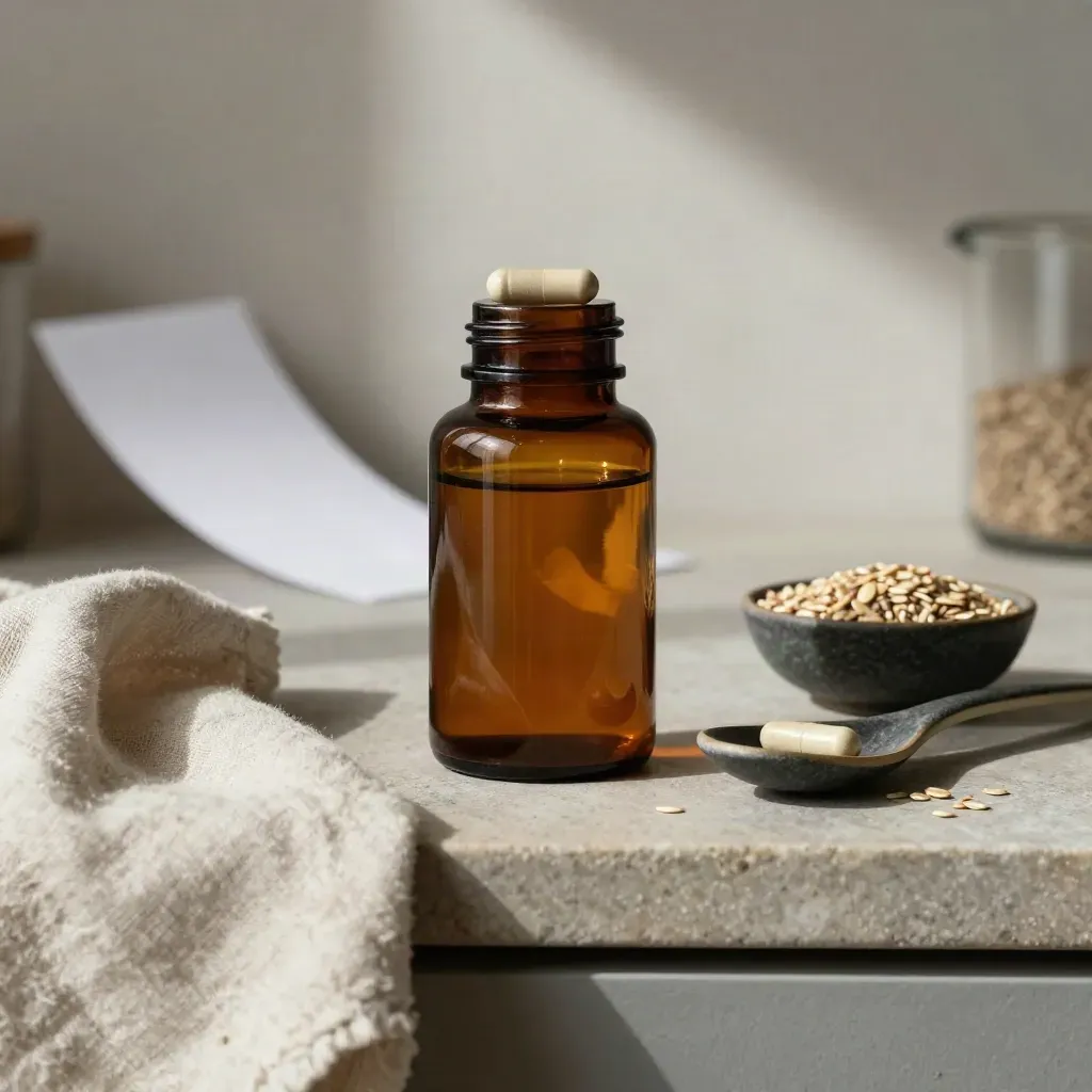 Bottiglia di integratori aperta con capsule, cucchiaino, semi e lino in luce drammatica.