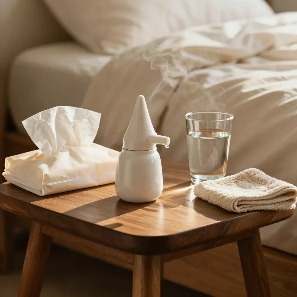 Lavaggio nasale in ceramica, fazzoletti e tazza d’acqua accanto al letto