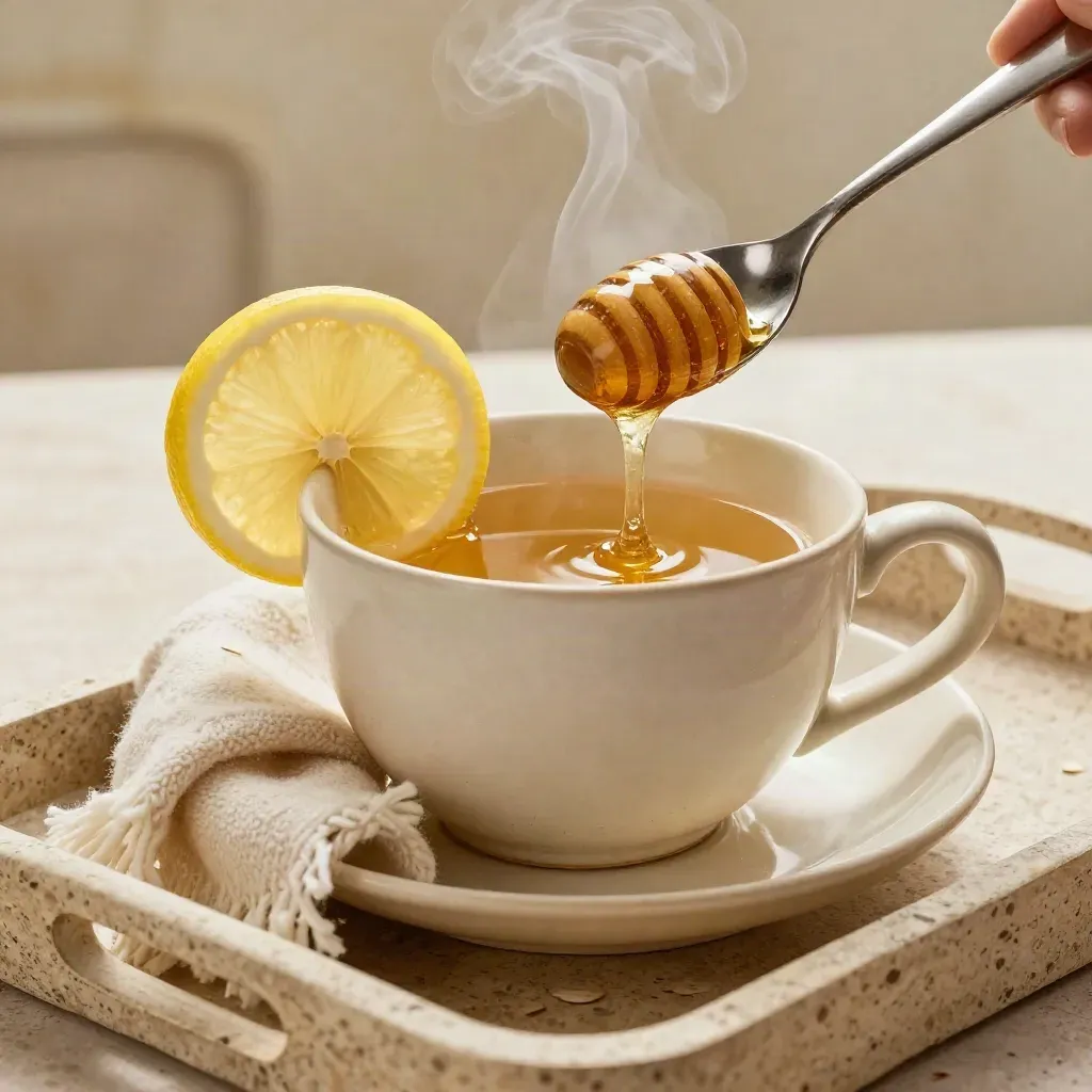 Tazza di tisana al limone con miele fumante e sciarpa morbida su piattino in ceramica.