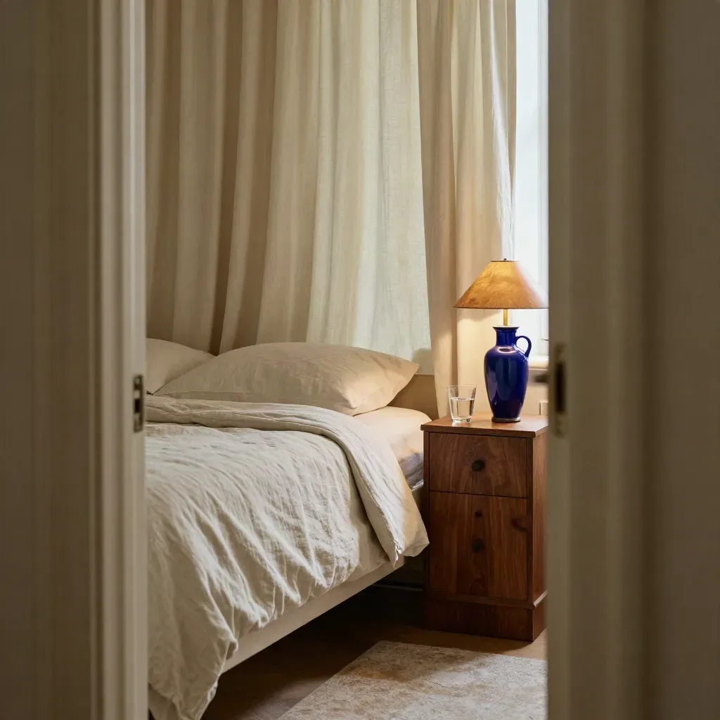 Camera da letto serale con letto sfatto, lampada calda, bicchiere d’acqua e tende pesanti.