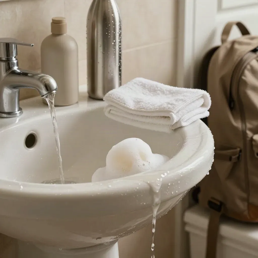 Lavandino con acqua in corsa, sapone, asciugamano, borraccia e zaino vicino alla porta.
