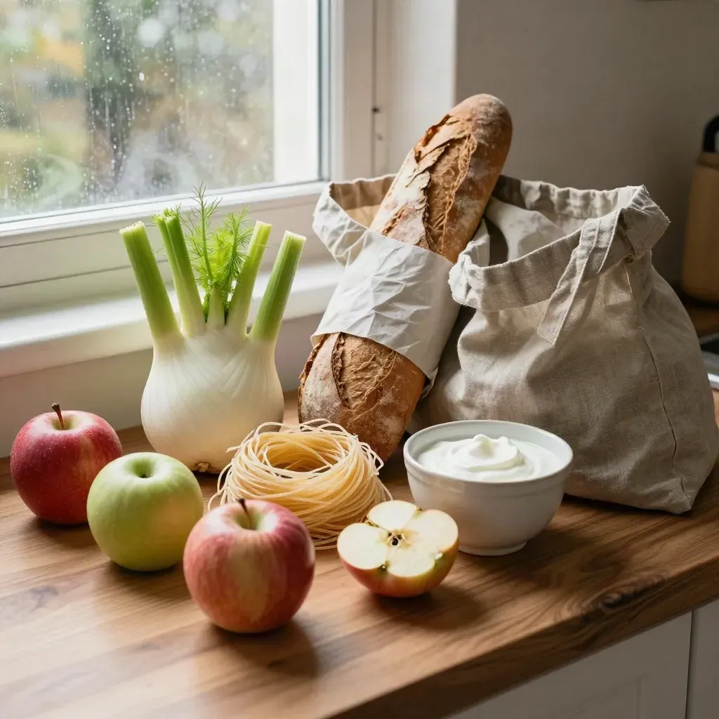 Spesa settimanale con mele, finocchi, pane e pasta su un piano cucina, luce di pioggia.