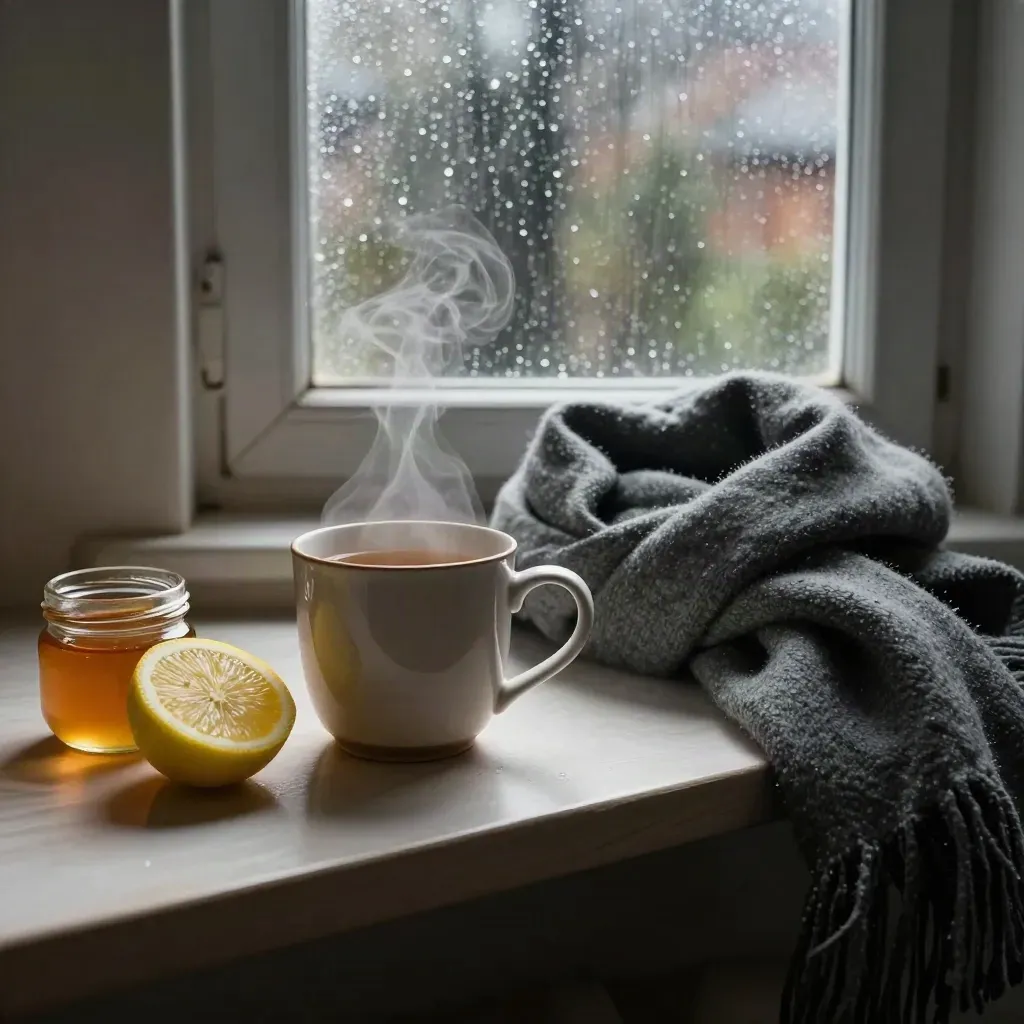 Tazza fumante, limone, miele, sciarpa di lana e finestra bagnata dalla pioggia