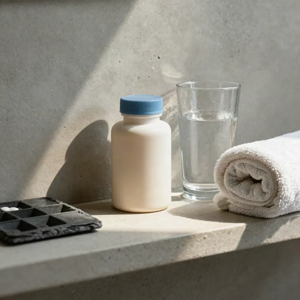 Mensola bagno con integratore anonimo, bicchiere d’acqua, portapillole chiuso e asciugamano arrotolato.