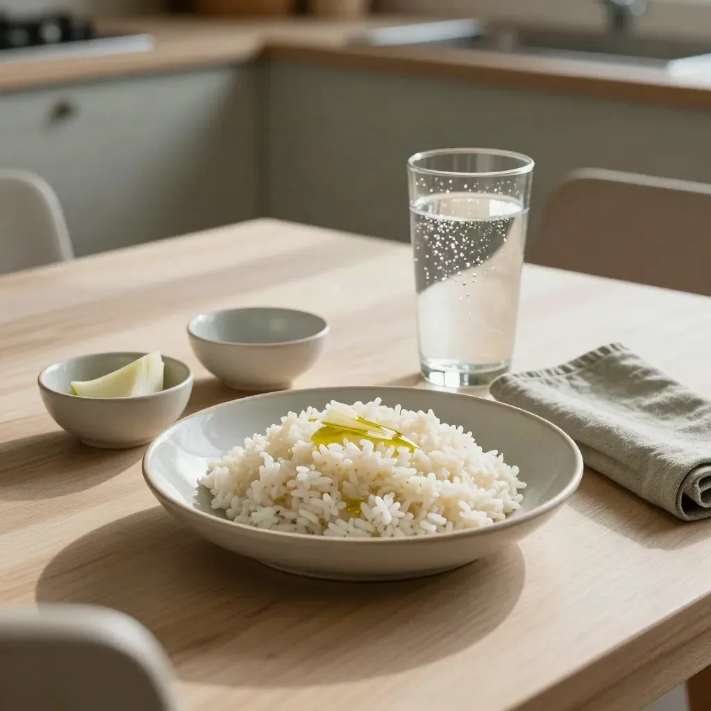 Tavola della cena con riso semplice, finocchio e acqua frizzante, atmosfera serena.