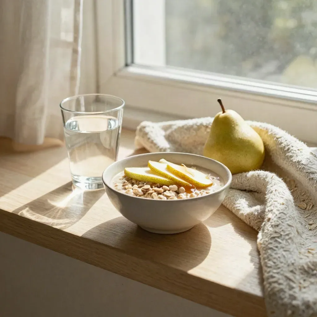 Colazione leggera con avena, pera, acqua e coperta morbida vicino a una finestra