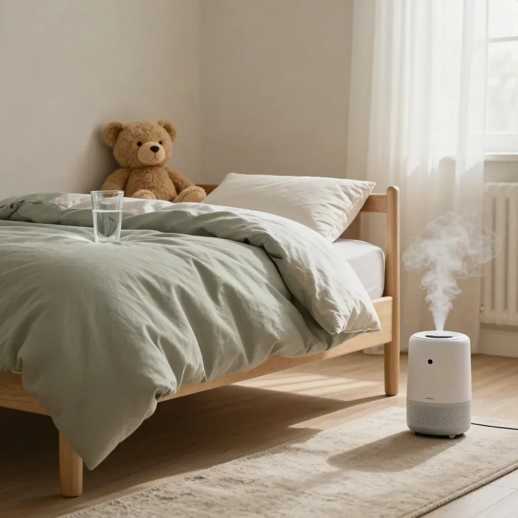 Stanza bimbi con bicchiere d’acqua, peluche, coperta morbida e umidificatore in luce soffusa.