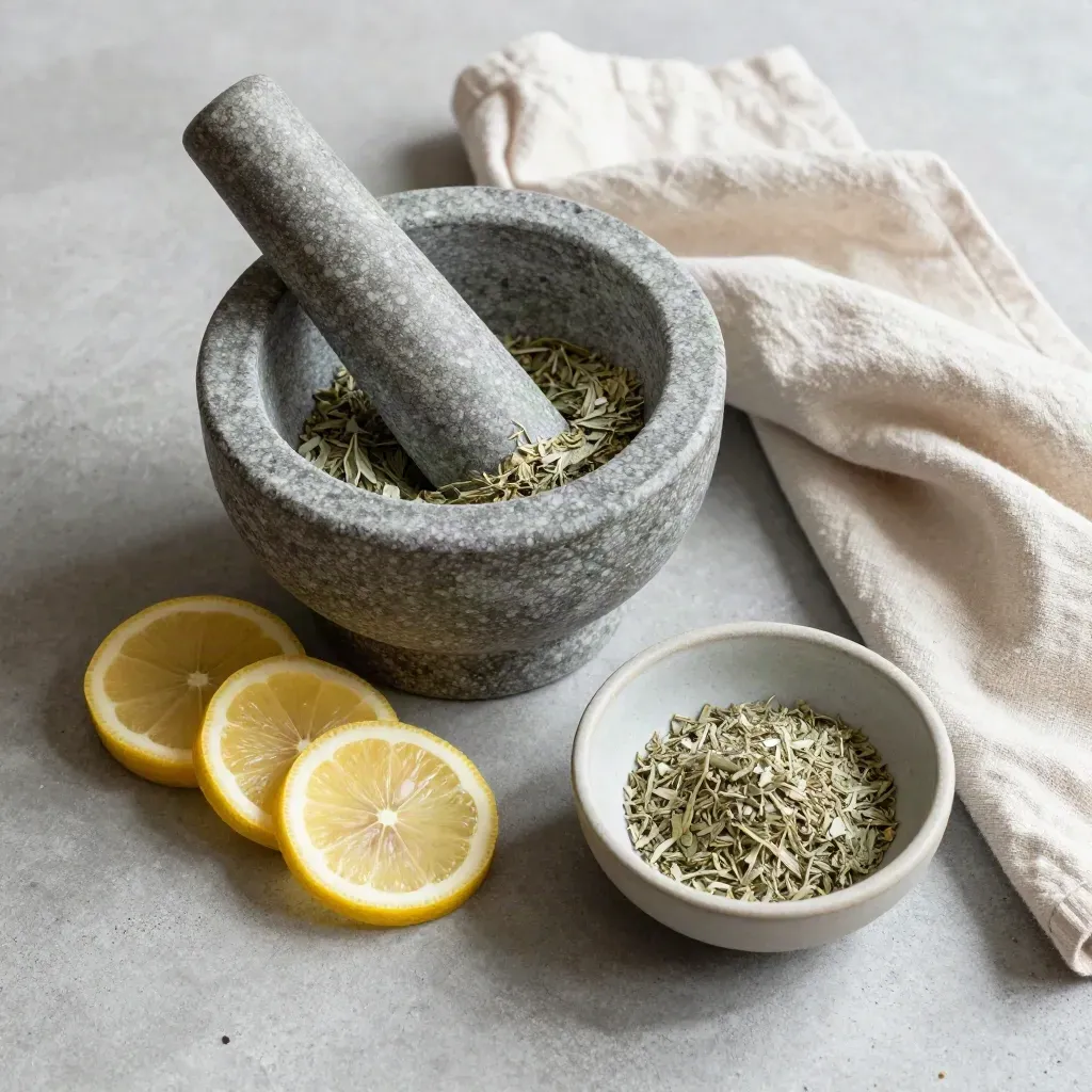Mortaio in pietra con salvia, limone, ciotola di ceramica e lino su fondo di cemento.