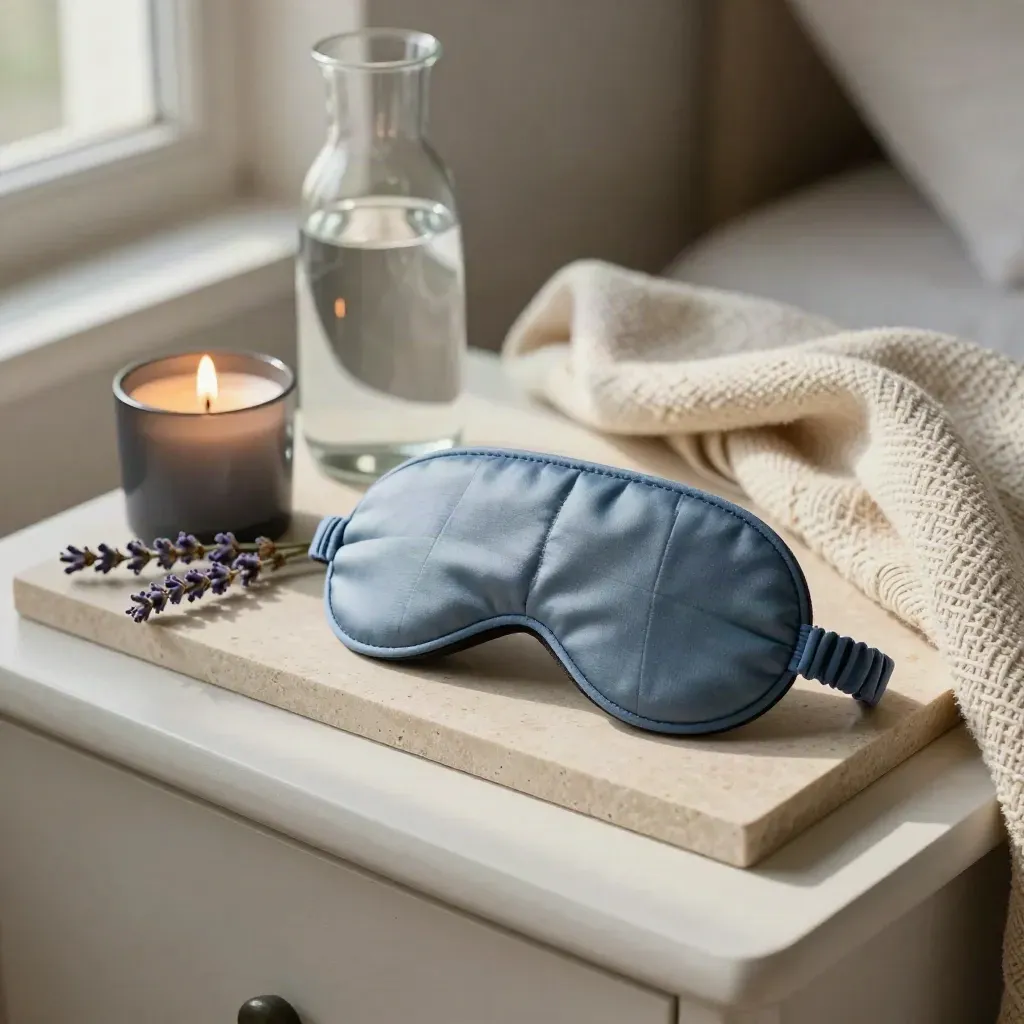 Mascherina blu, candela spenta, lavanda, caraffa d'acqua e coperta su vassoio di pietra.