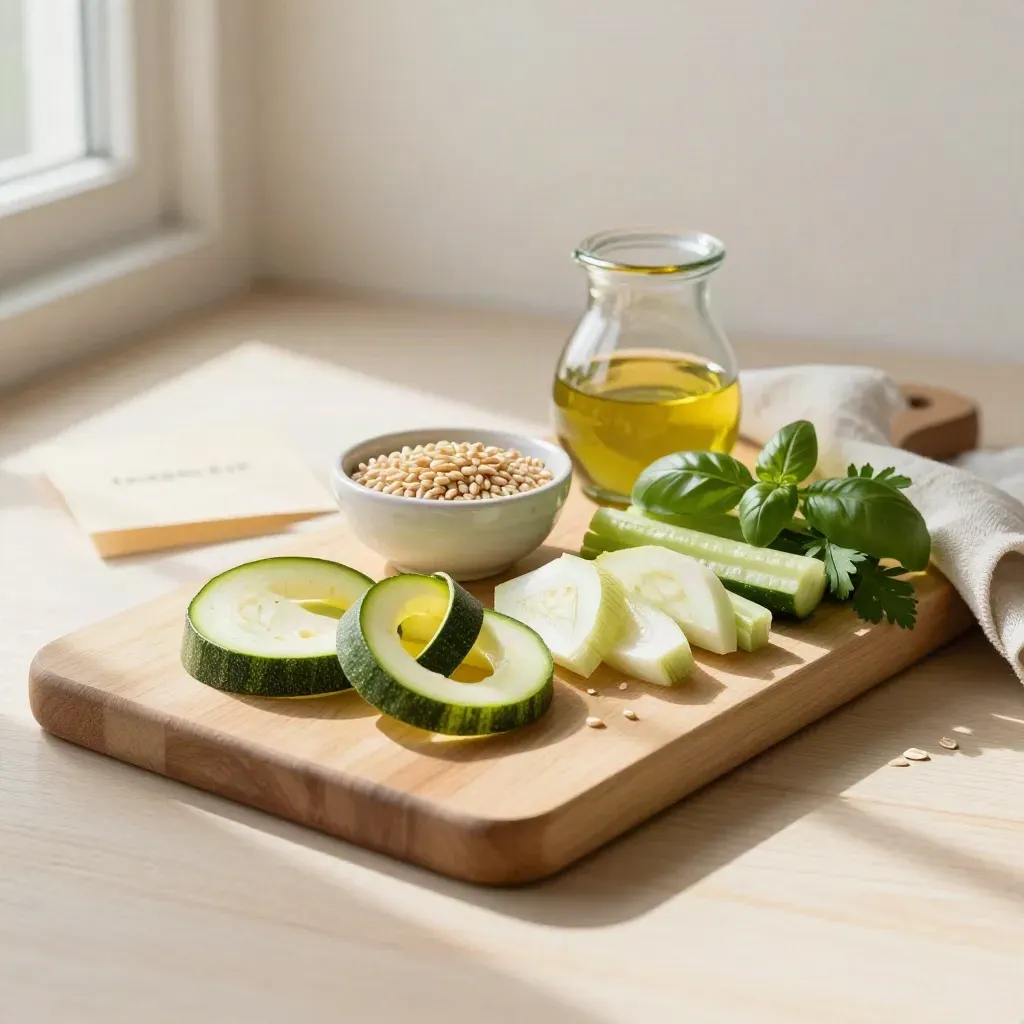 Tagliere con verdure, cereali, olio ed erbe su legno chiaro, tema cucina sana.