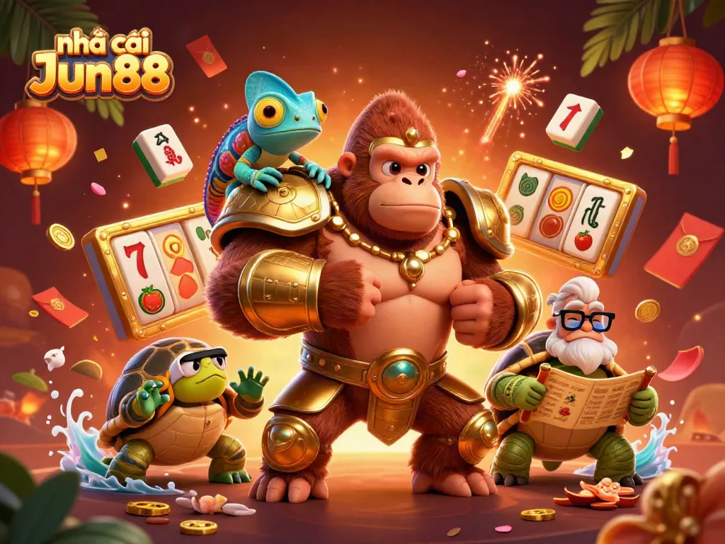 Experience the thrill of nhà cái Jun88 with a vibrant casino-themed illustration featuring dynamic characters and games.