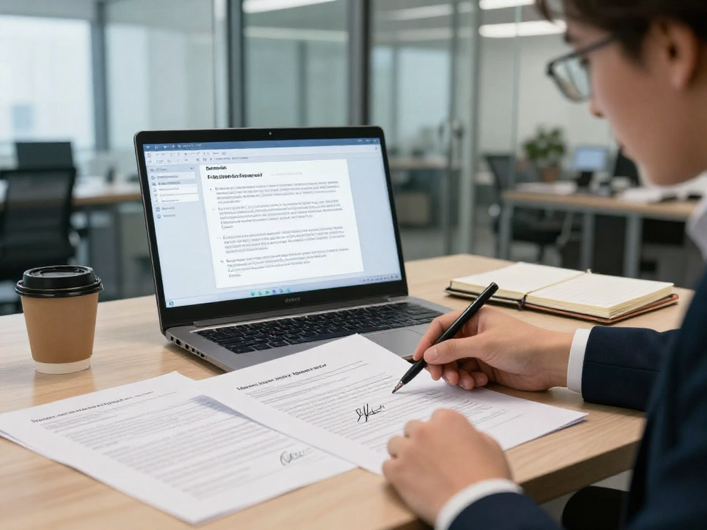 Business professional engaged in document fraud detection analysis with modern software tools.