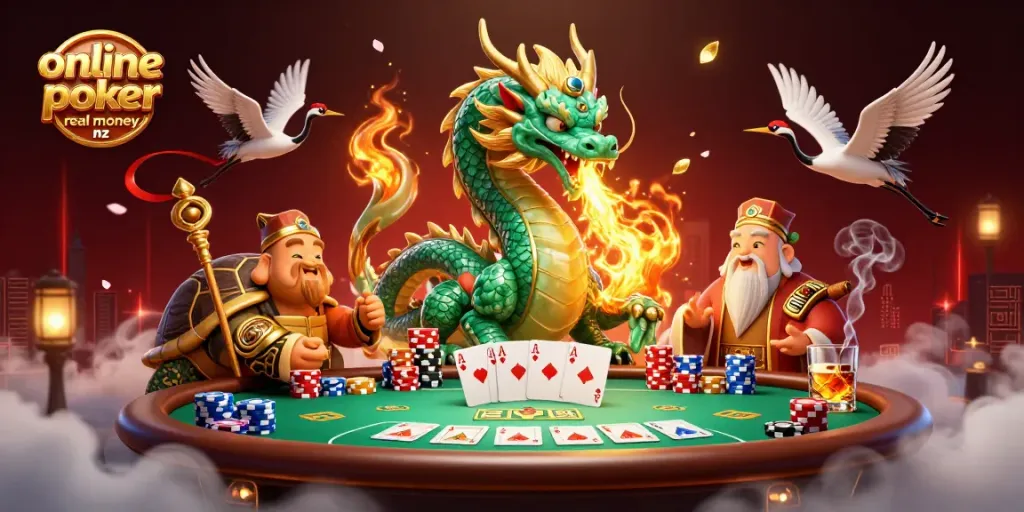Experience online poker real money nz action with a vibrant dragon and poker elements.